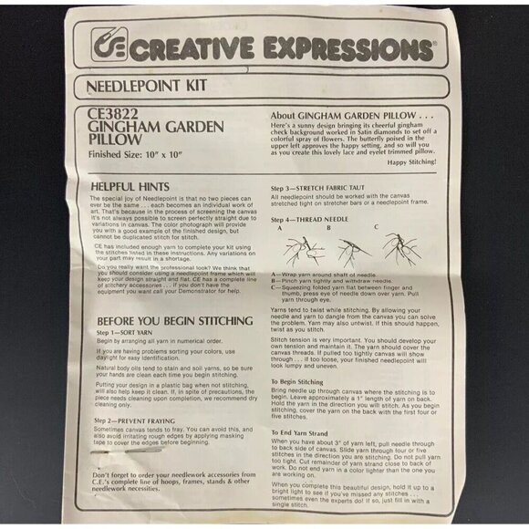 Creative Expressions Gingham Garden Pillow Needlepoint Kit 3822 Vtg 1982 - Picture 4 of 6